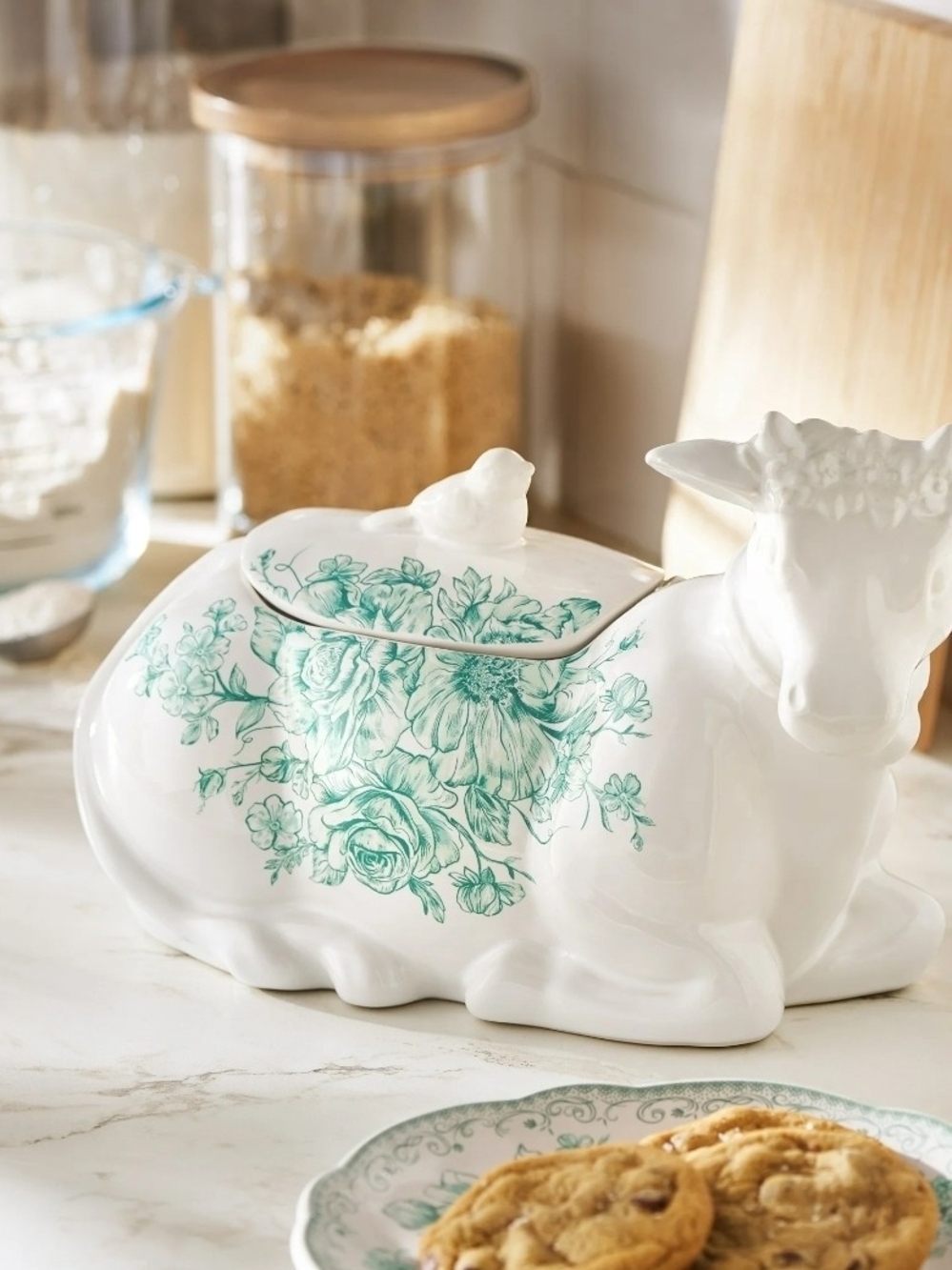 The Pioneer Women White Ceramic Cow Cookie Jar with Teal Floral Motif